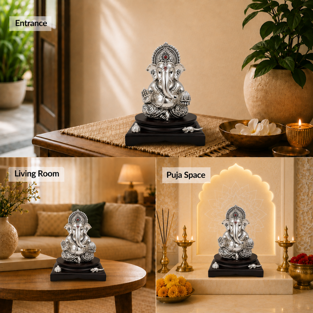 Ganesha idol styled at entrance, living room and pooja space
