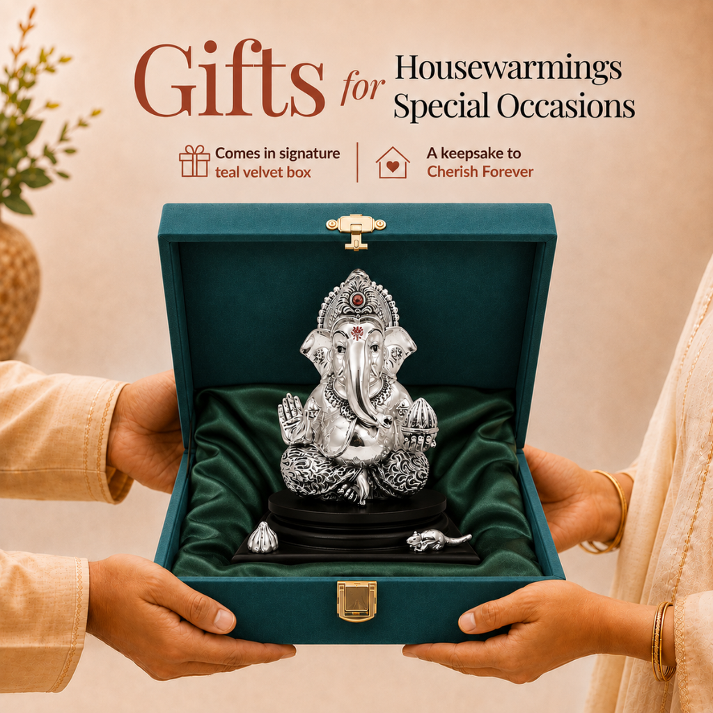 Silver-plated Ganesha idol in velvet box for housewarming gifting