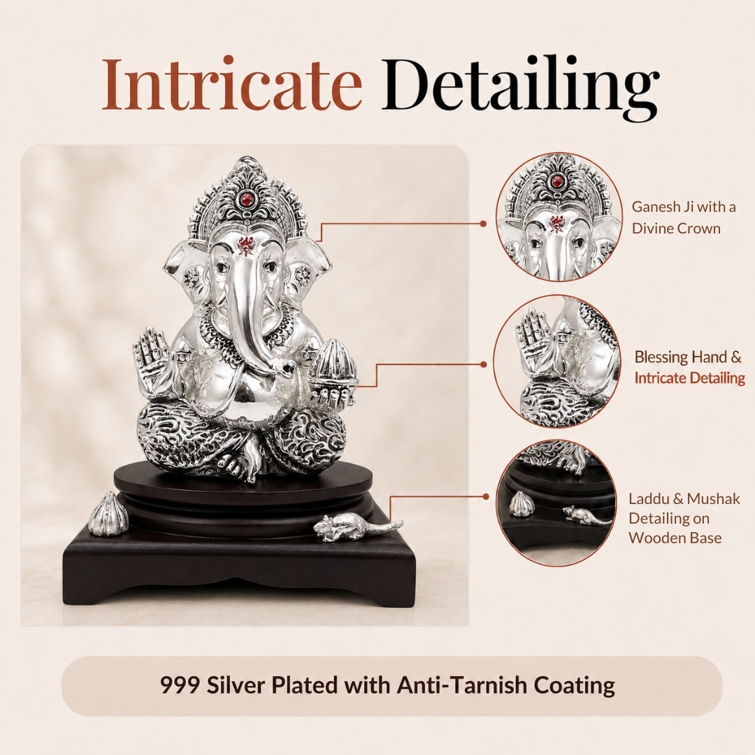 Intricate crown, blessing hand, modak and Mushak detailing on Ganesha idol