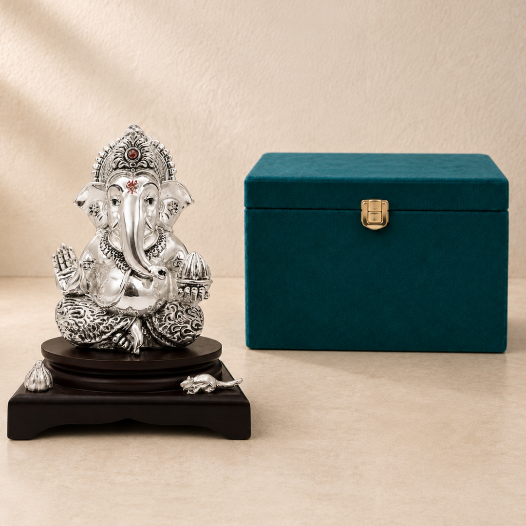 Large silver-plated Ganesha idol with teal velvet gift box