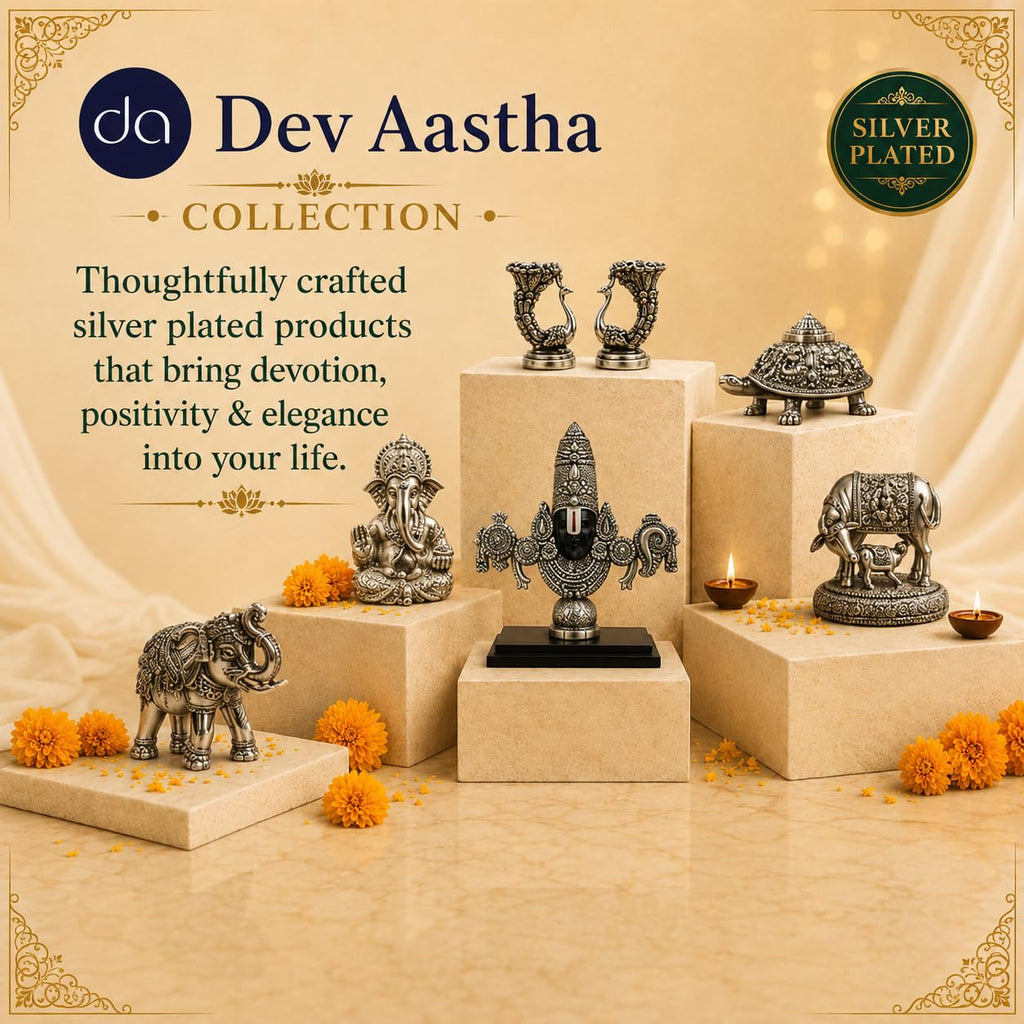 Dev Aastha silver plated idol collection - Ganesha, Tirupati Balaji, Kamdhenu cow and elephant