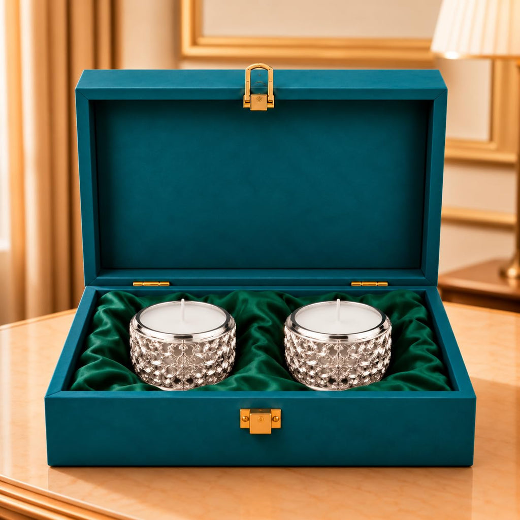 Silver-plated tea light candle holder pair in teal velvet gift box