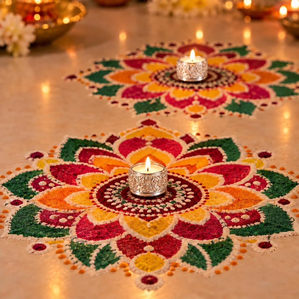 Silver-plated tea light holders arranged with colourful Diwali rangoli