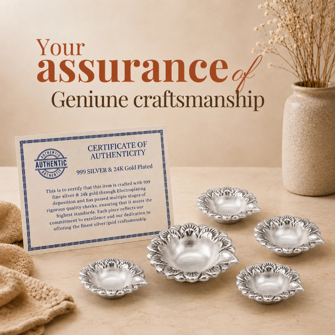Certificate of authenticity for genuine craftsmanship placed beside five silver-plated flower diyas #set-of-5