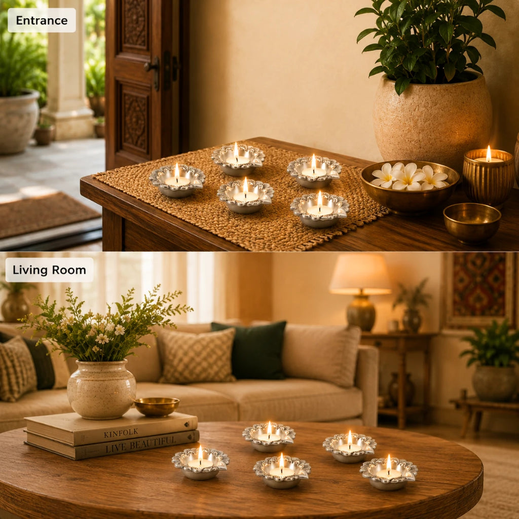 Five lit silver flower diyas styled on a home entrance console and a living room table #set-of-5