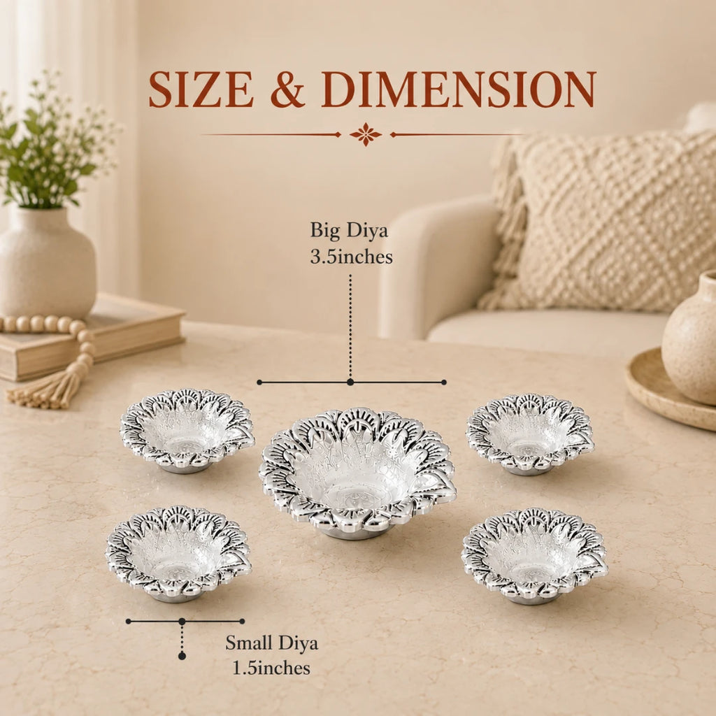 Size chart: silver-plated flower diyas, big diya 3.5 inches and small diya 1.5 inches #set-of-5