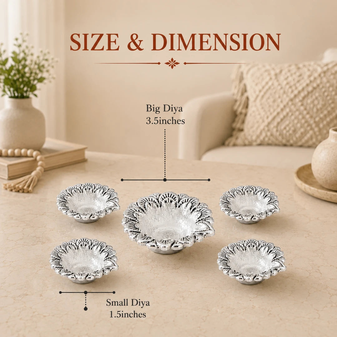 Size chart: silver-plated flower diyas, big diya 3.5 inches and small diya 1.5 inches #set-of-5