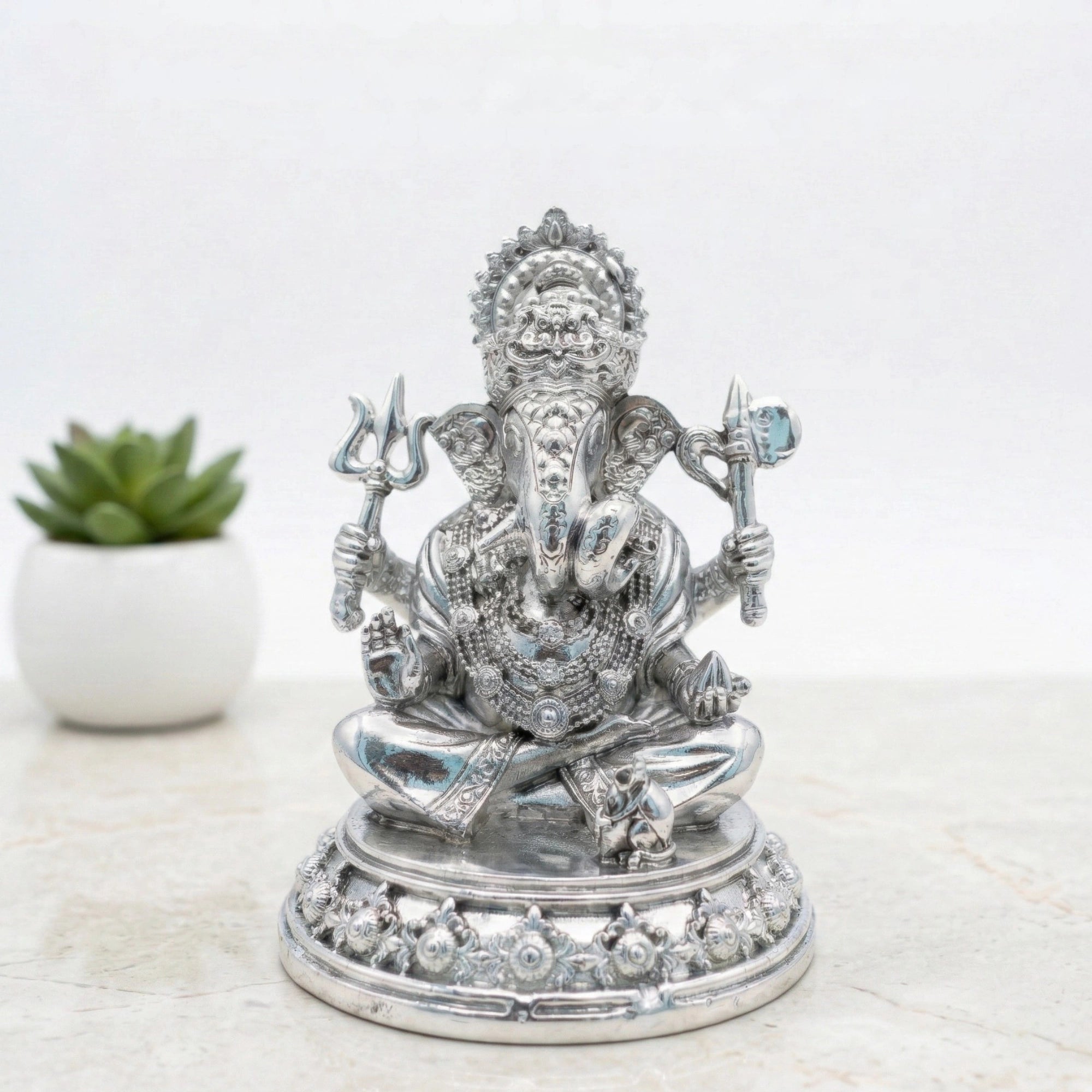 Trishul Ganesh Silver Plated Idol (3")