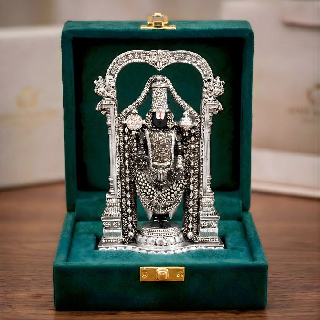 Standing Tirupati Balaji silver-plated idol with temple arch in green velvet gift box