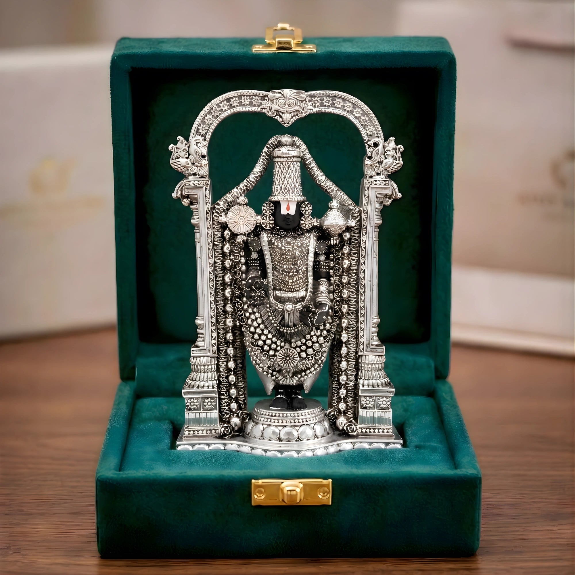 Standing Tirupati Balaji silver-plated idol with temple arch in green velvet gift box