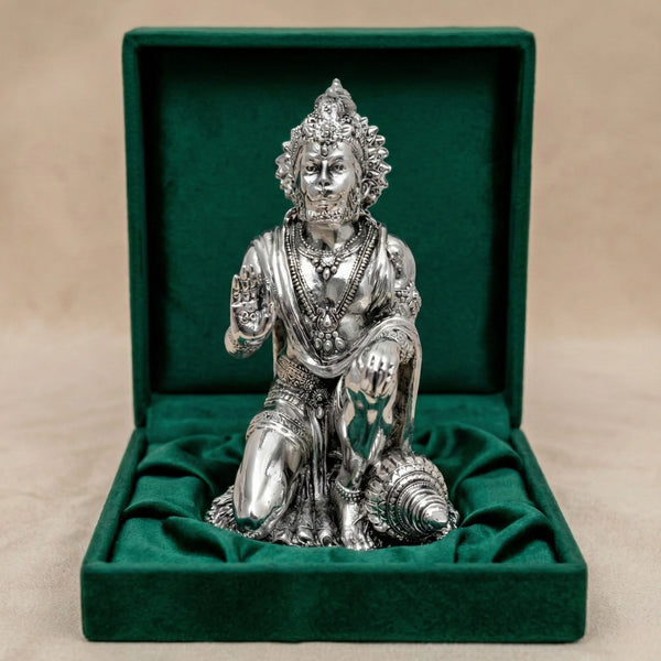 Hanuman silver-plated idol in blessing pose inside a green velvet gift box