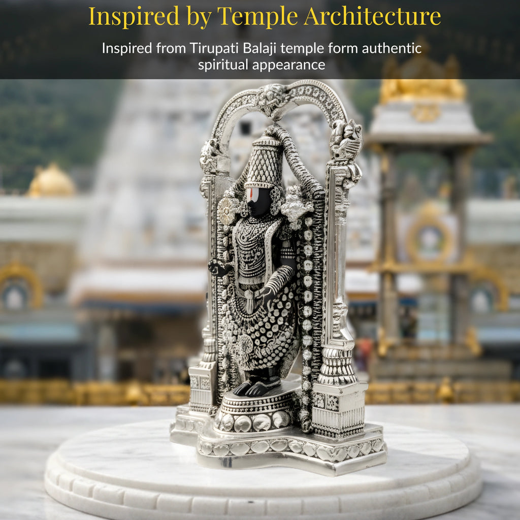 Lord Venkateswara standing Balaji idol on marble with Tirupati temple gopuram behind