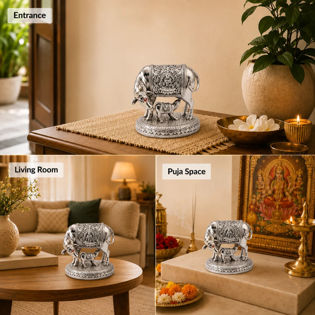The 3.5 inch silver Kamdhenu cow idol styled at a home entrance, on a living room table and in a puja space #3-5-inch