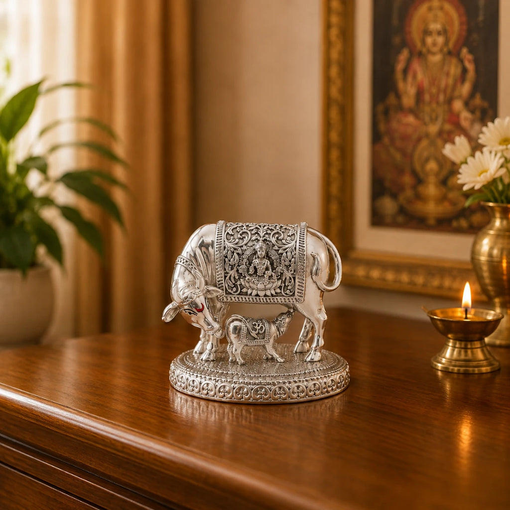 The 3.5 inch silver Kamdhenu cow and calf idol on a wooden console beside a lit brass diya and a Lakshmi frame #3-5-inch