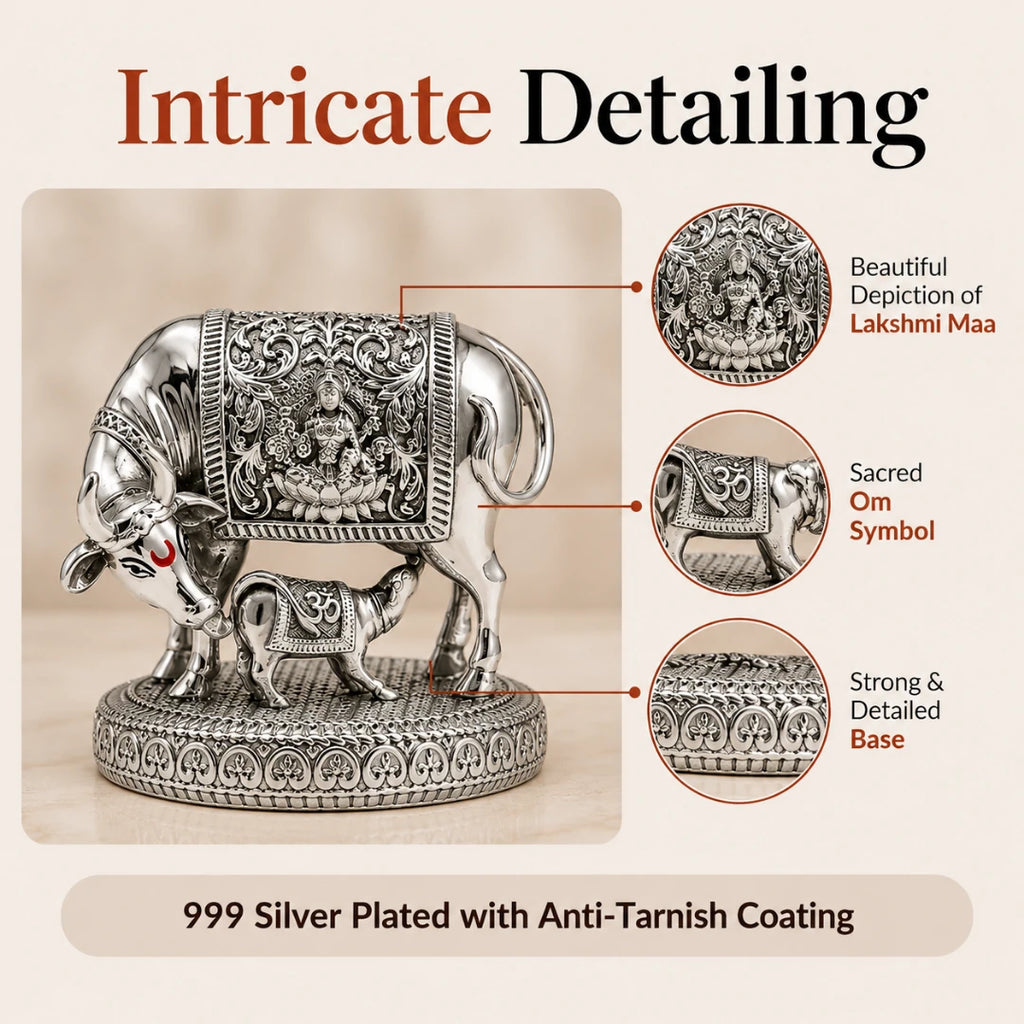 Detailing callouts on the 3.5 inch silver Kamdhenu cow idol: Lakshmi Maa panel, sacred Om symbol and engraved base, 999 silver plated with anti-tarnish coating #3-5-inch