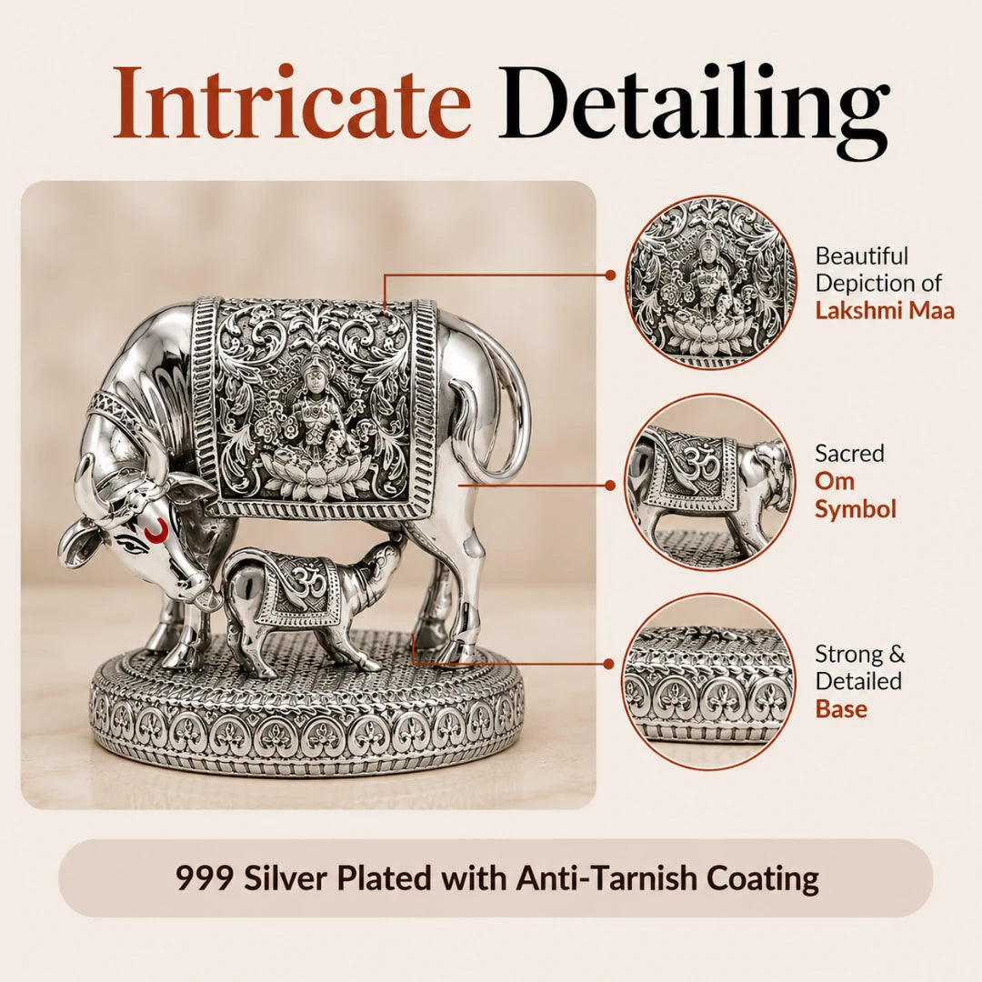 Detailing callouts on the 3.5 inch silver Kamdhenu cow idol: Lakshmi Maa panel, sacred Om symbol and engraved base, 999 silver plated with anti-tarnish coating #3-5-inch