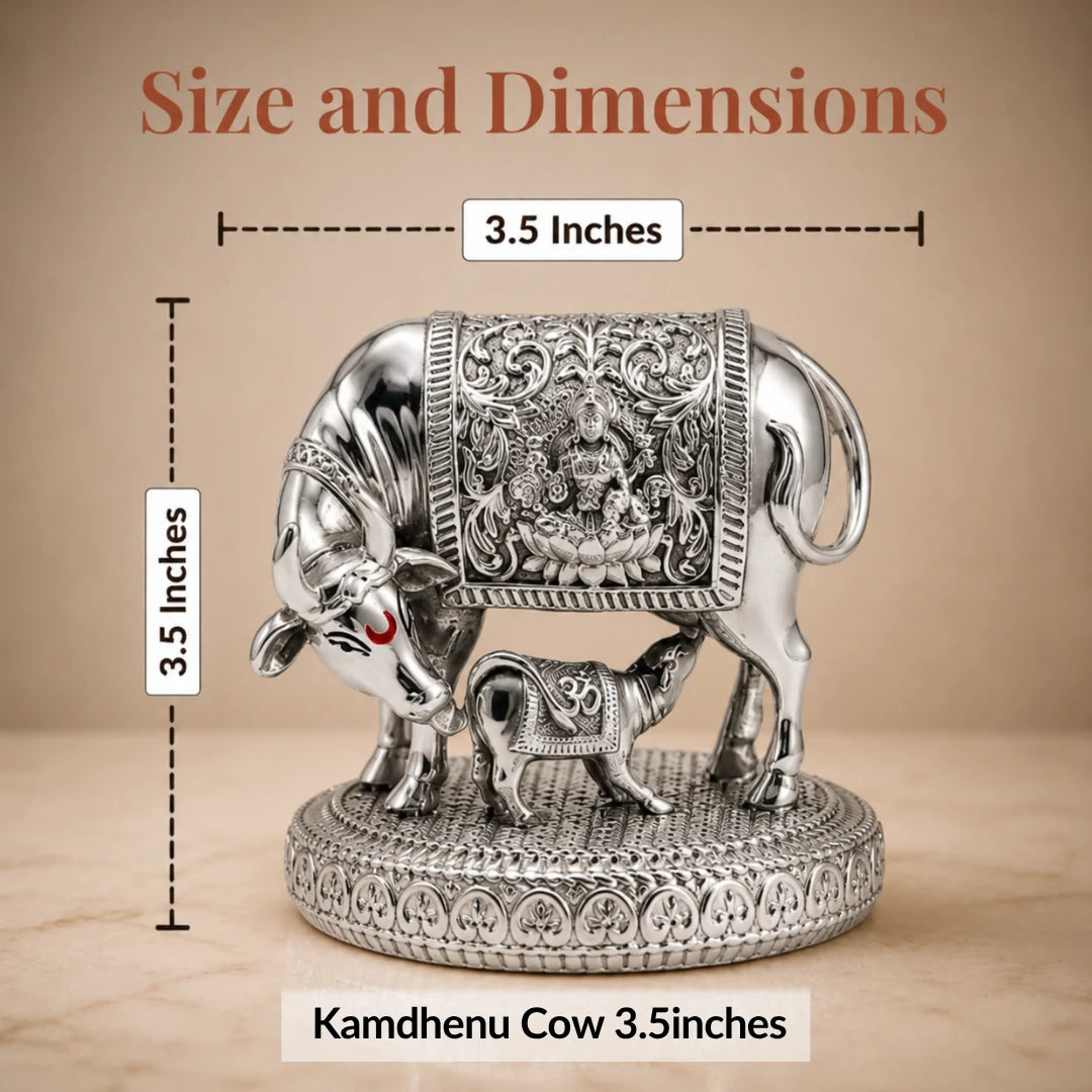 Size chart: 3.5 inch silver Kamdhenu cow and calf idol measuring 3.5 inches wide and 3.5 inches tall #3-5-inch
