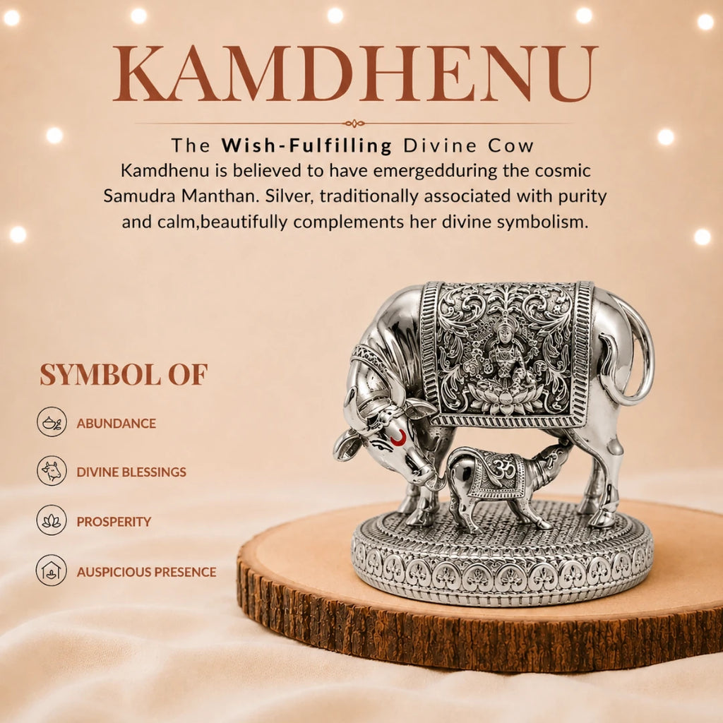 The 3.5 inch silver Kamdhenu cow idol on a wooden slice, marked as a symbol of abundance, divine blessings, prosperity and auspicious presence #3-5-inch