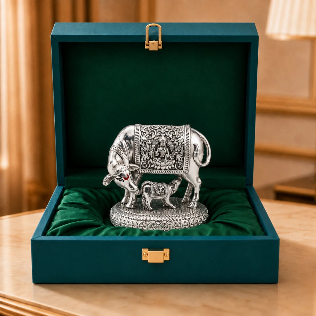Silver-plated Kamdhenu cow with calf idol, 3.5 inch, on green satin inside an open teal velvet gift box #3-5-inch
