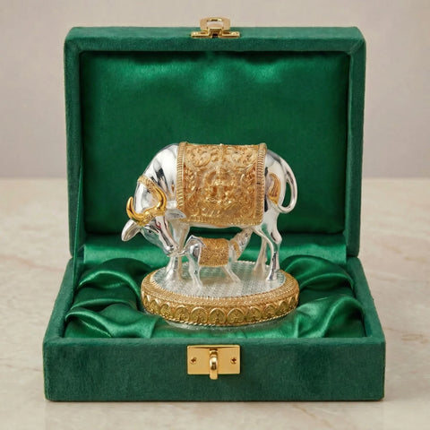Gold and silver Kamdhenu cow idol seated on satin inside a green velvet box #common