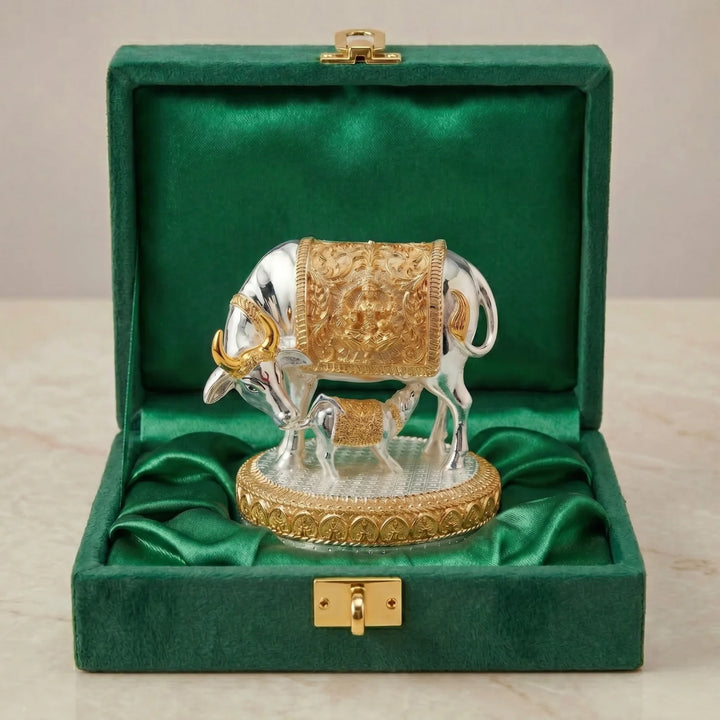 Kamdhenu Cow with Calf Idol | Silver & Gold-Plated | 2.5–6 Inch