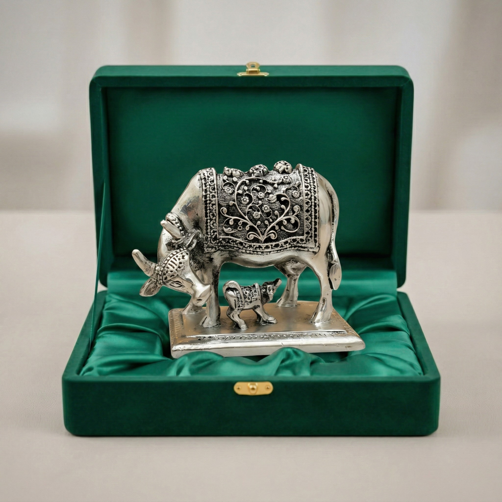 Kamdhenu Cow Silver-Plated Idol (4")