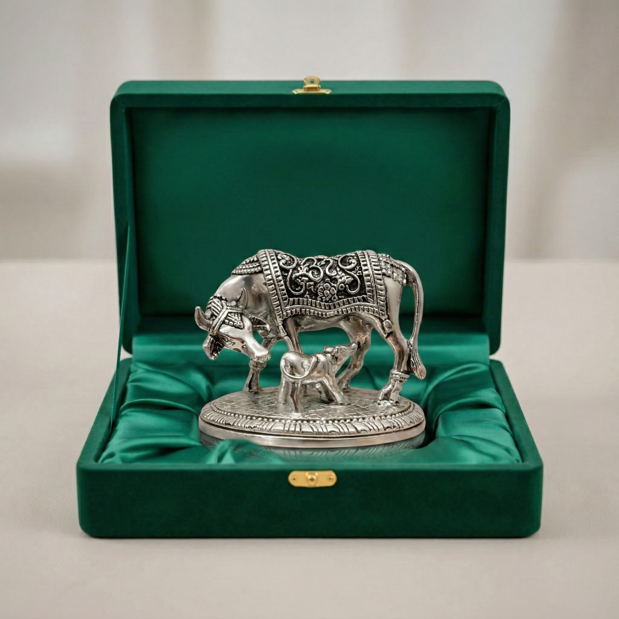 Kamdhenu Cow with Calf Silver-Plated Idol | Small (2") Main image