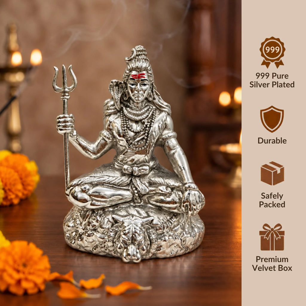 Handcrafted Silver-Plated Lord Shiva Idol for Home & Car