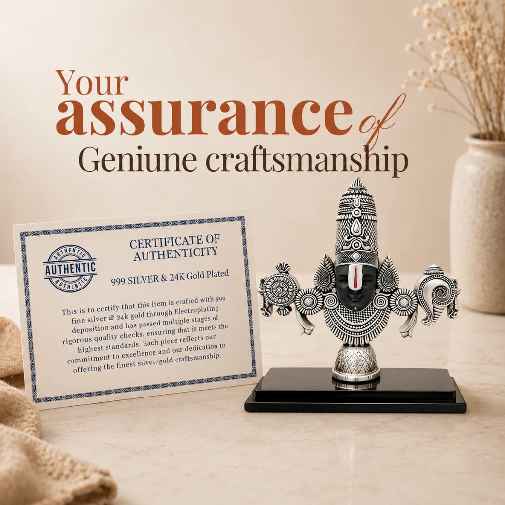 Certificate of authenticity for genuine craftsmanship placed beside the 4 inch silver Balaji idol #silver-4-inch