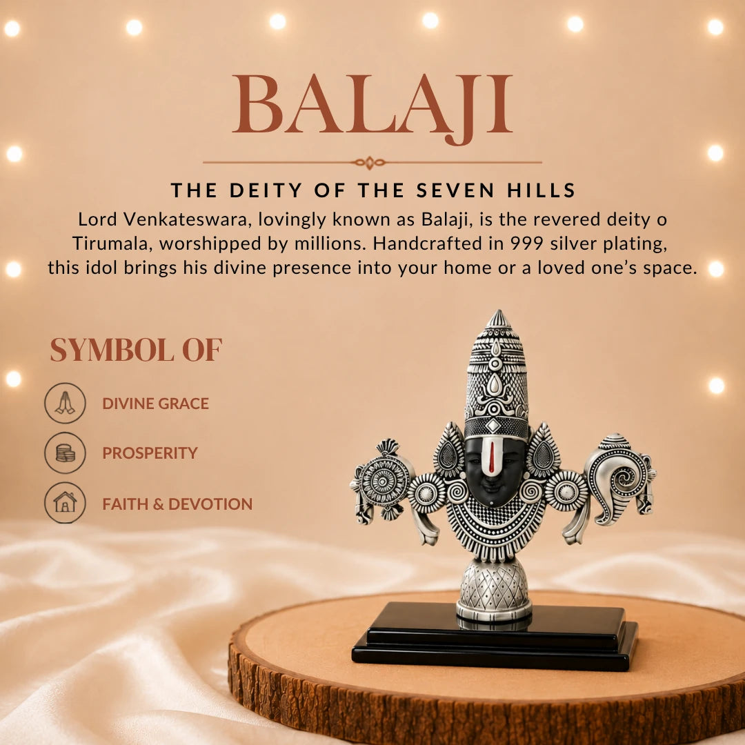 The 4 inch silver Balaji idol on a wooden slice, marked as a symbol of divine grace, prosperity and faith #silver-4-inch