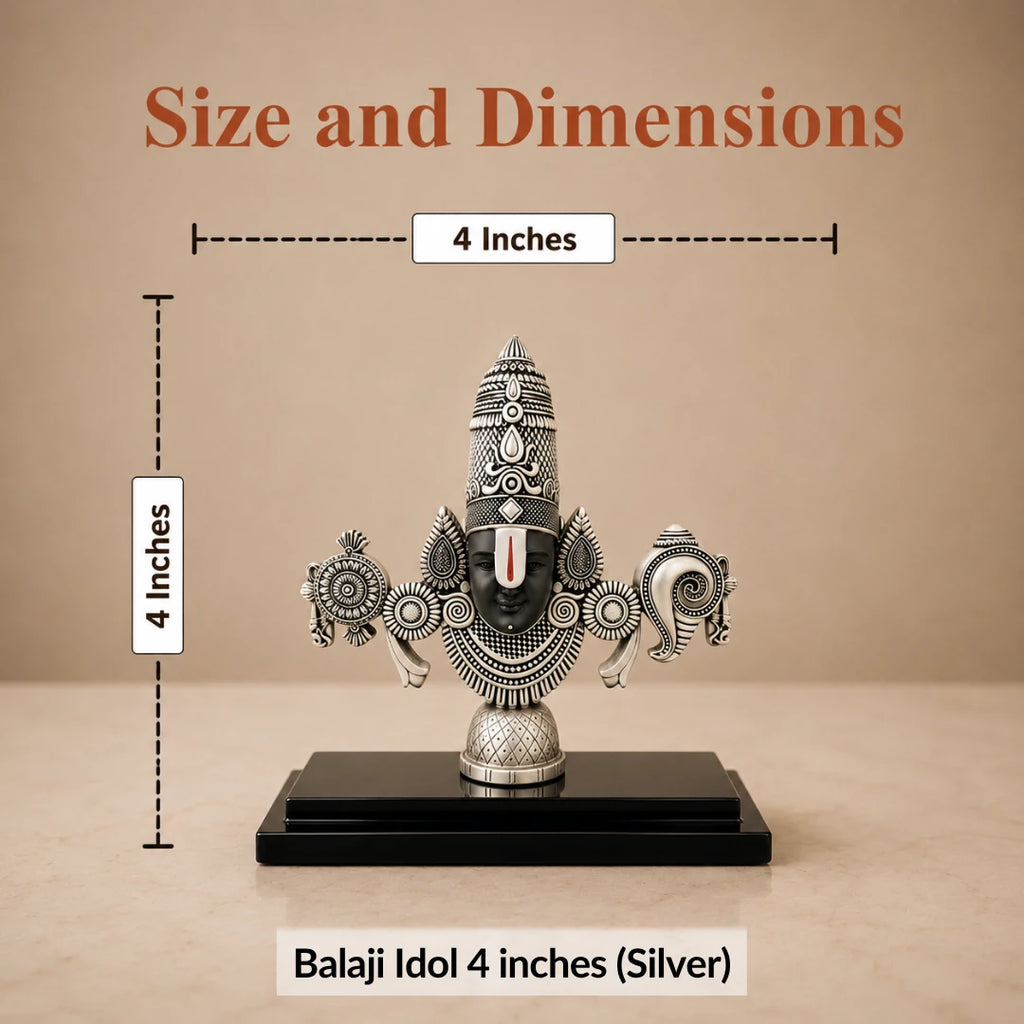 Size chart: silver Balaji idol measuring 4 inches wide and 4 inches tall on its black base #silver-4-inch
