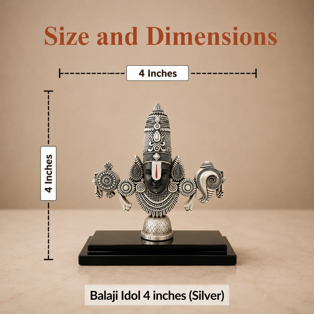 Size chart: silver Balaji idol measuring 4 inches wide and 4 inches tall on its black base #silver-4-inch