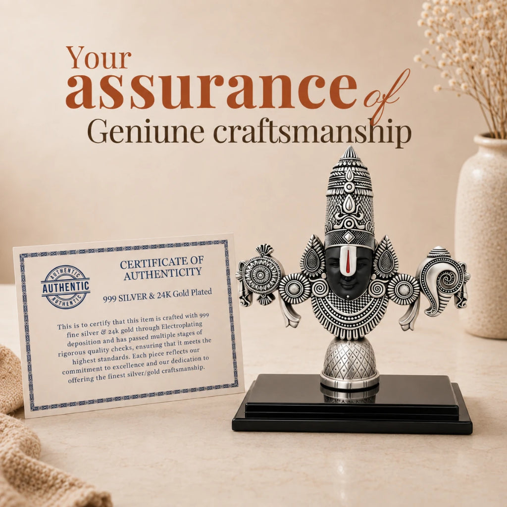Certificate of authenticity for genuine craftsmanship placed beside the 6 inch silver Balaji idol #silver-6-inch
