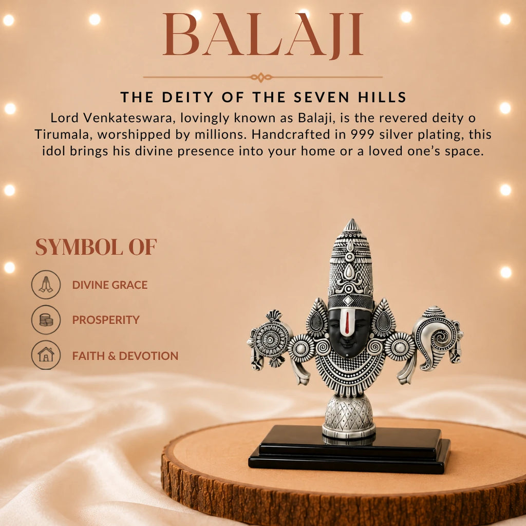 The 6 inch silver Balaji idol on a wooden slice, marked as a symbol of divine grace, prosperity and faith #silver-6-inch