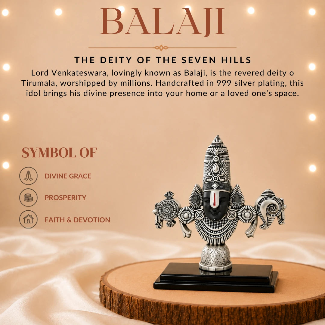 The 6 inch silver Balaji idol on a wooden slice, marked as a symbol of divine grace, prosperity and faith #silver-6-inch
