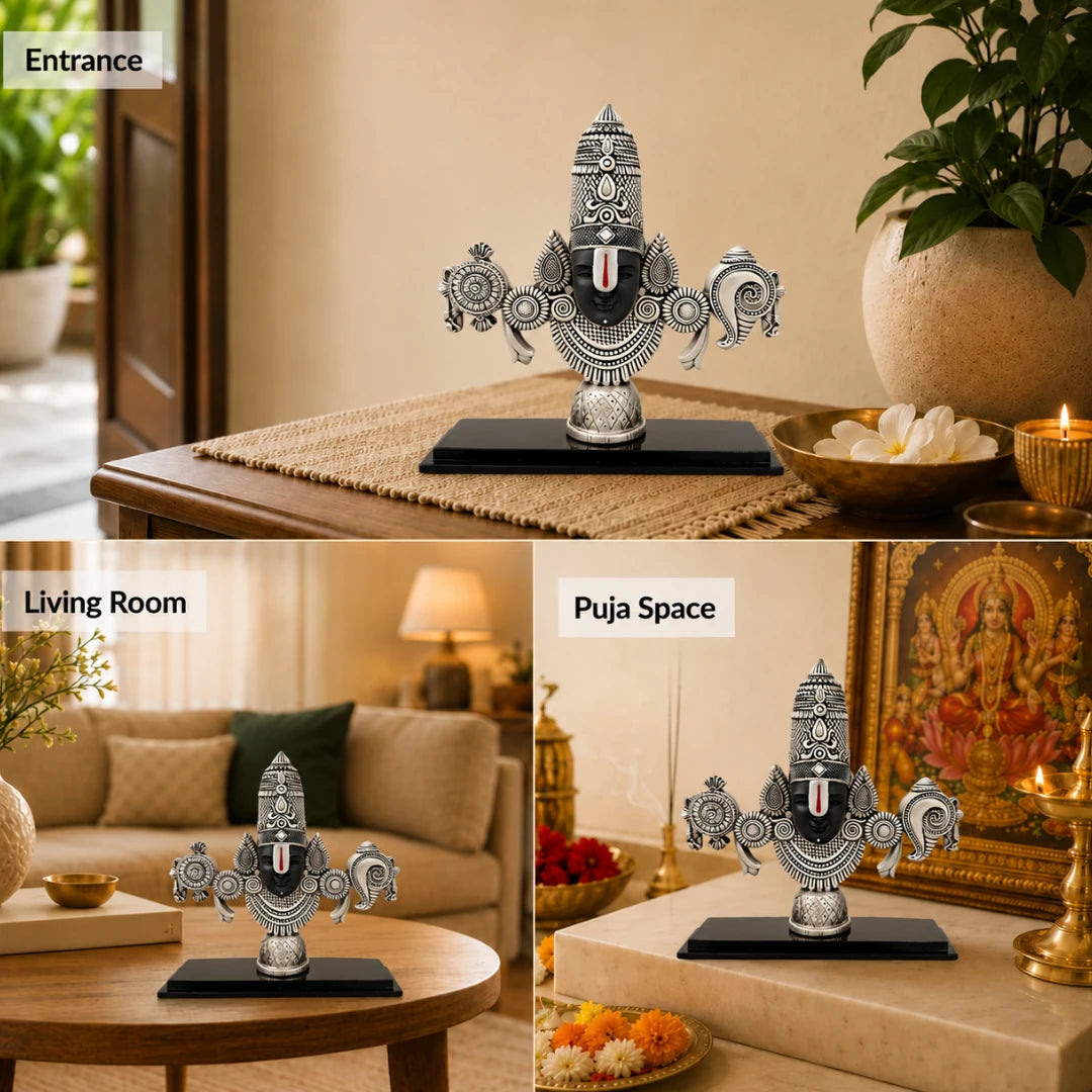 The 6 inch silver Balaji idol styled at a home entrance, on a living room table and in a puja space #silver-6-inch