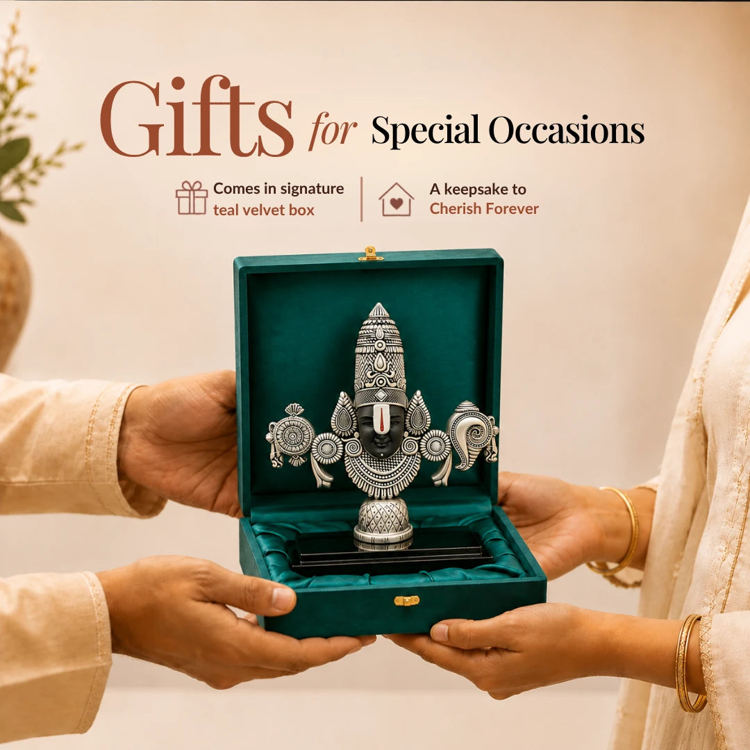 Hands presenting the 6 inch silver Balaji idol in its signature teal velvet gift box #silver-6-inch
