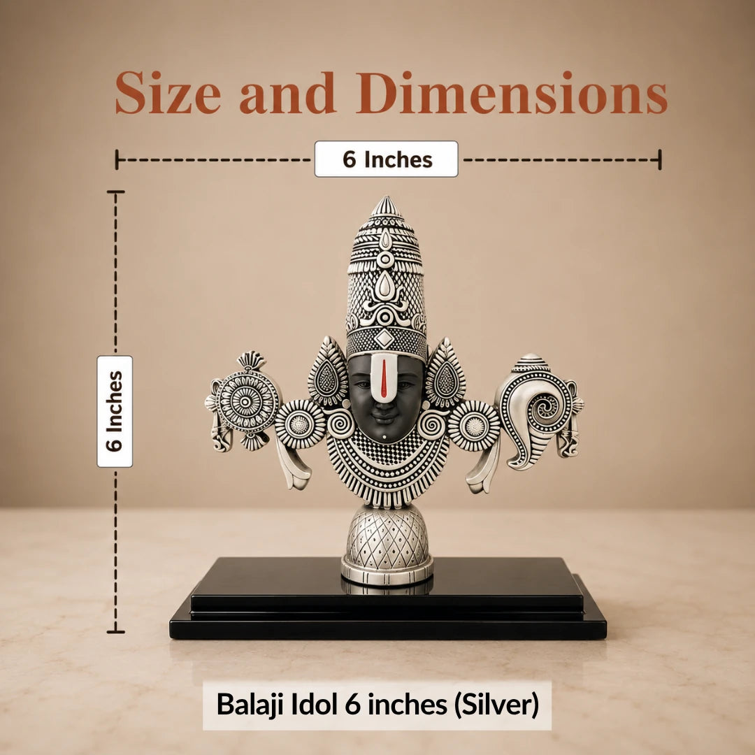 Size chart: silver Balaji idol measuring 6 inches wide and 6 inches tall on its black base #silver-6-inch