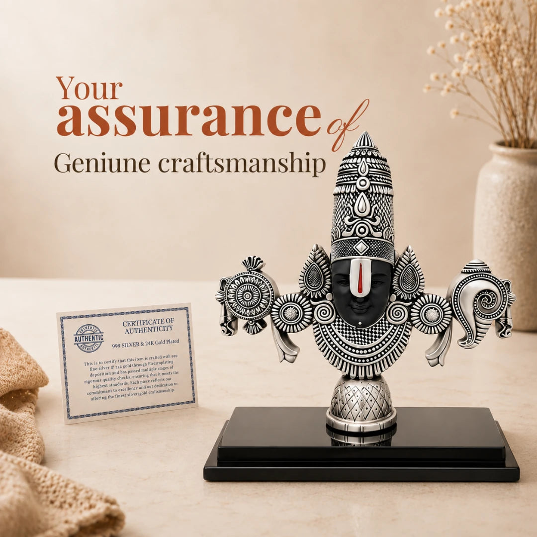 Certificate of authenticity for genuine craftsmanship placed beside the 8 inch silver Balaji idol #silver-8-inch
