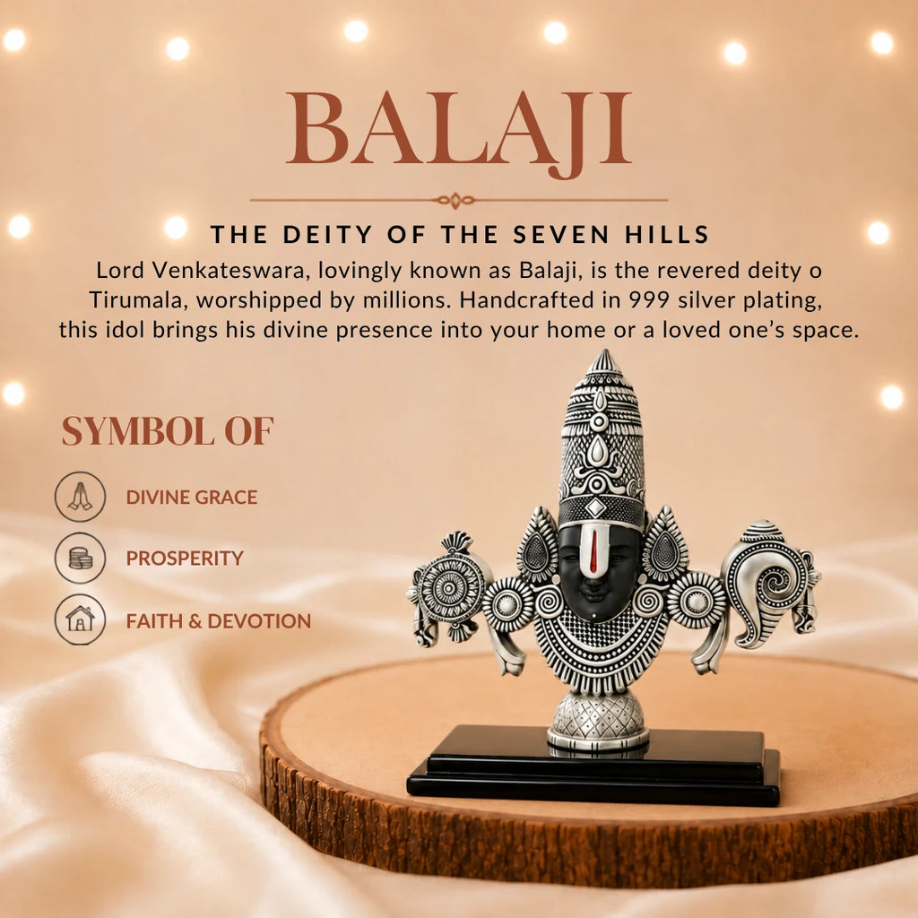 The 8 inch silver Balaji idol on a wooden slice, marked as a symbol of divine grace, prosperity and faith #silver-8-inch