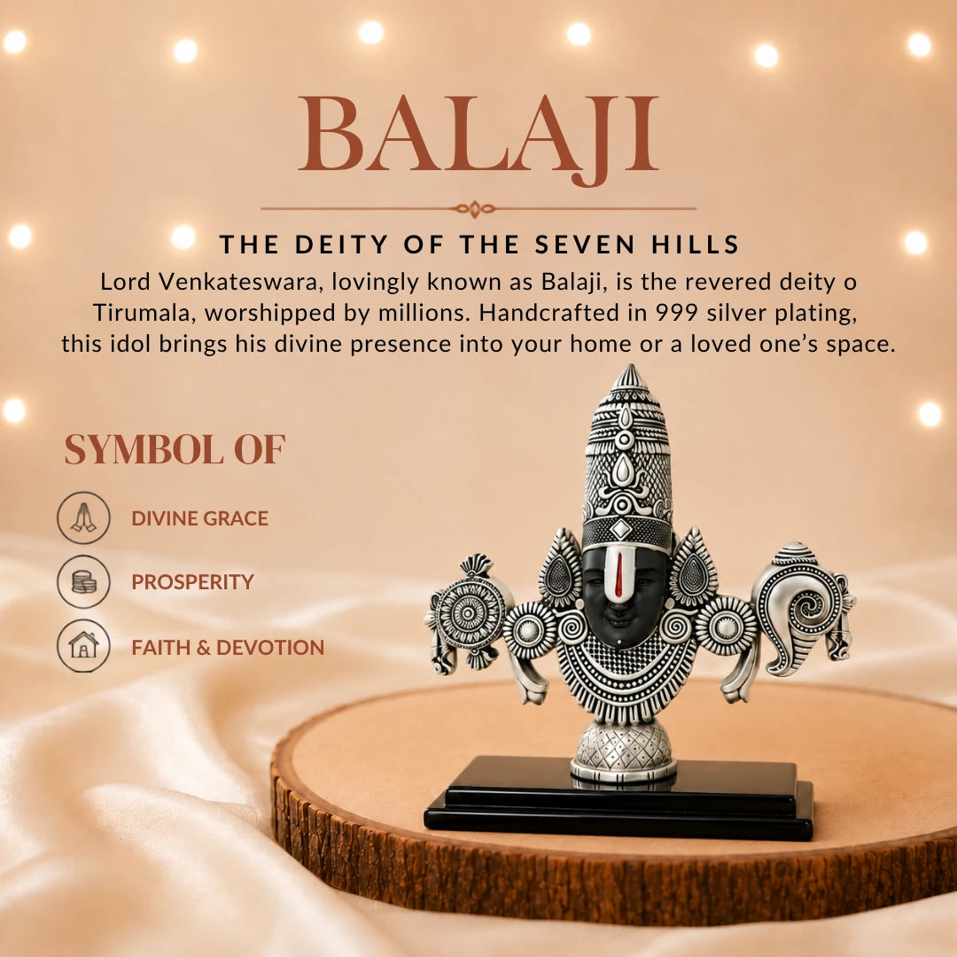 The 8 inch silver Balaji idol on a wooden slice, marked as a symbol of divine grace, prosperity and faith #silver-8-inch