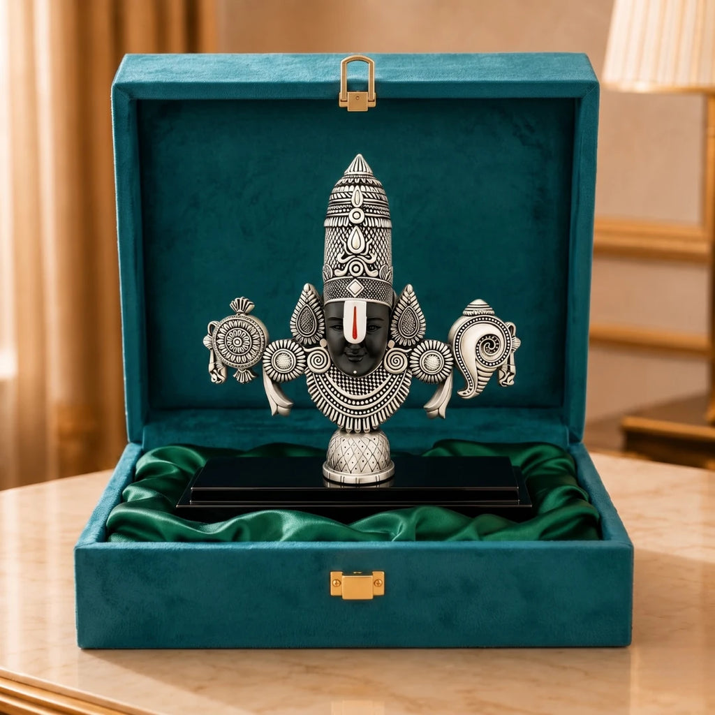 Silver-plated Lord Venkateswara Balaji idol, 8 inch, on its black base inside an open teal velvet gift box #silver-8-inch