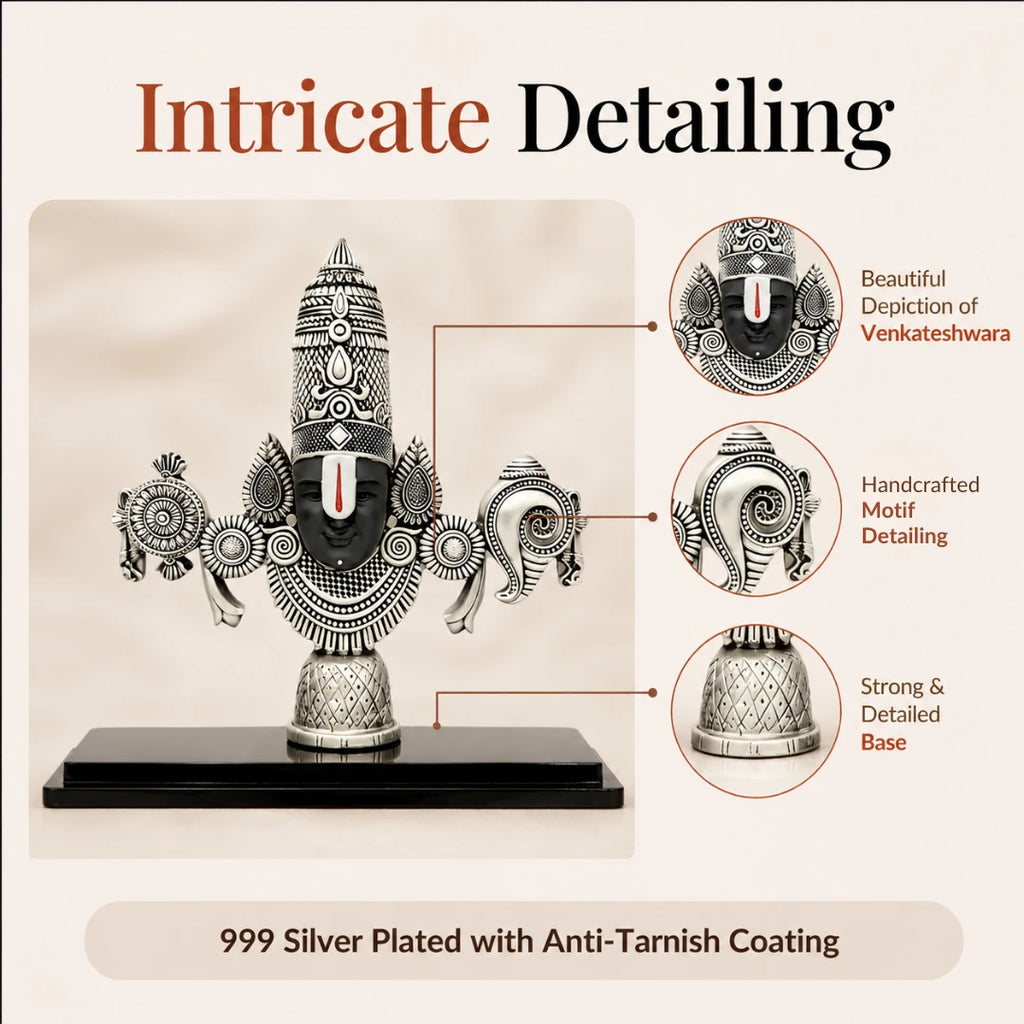 Detailing callouts on the 8 inch silver Balaji idol: Venkateshwara face, handcrafted motif work and sturdy base, 999 silver plated with anti-tarnish coating #silver-8-inch