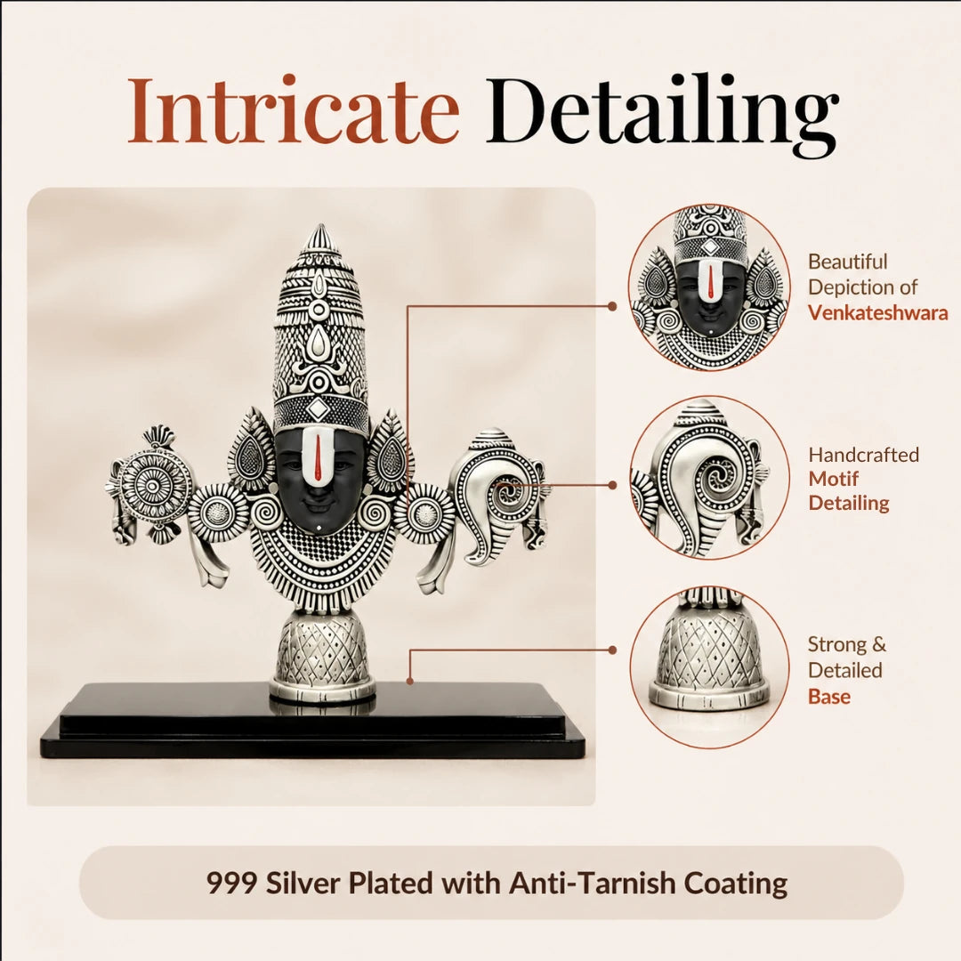 Detailing callouts on the 8 inch silver Balaji idol: Venkateshwara face, handcrafted motif work and sturdy base, 999 silver plated with anti-tarnish coating #silver-8-inch