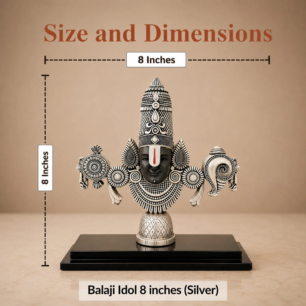 Size chart: silver Balaji idol measuring 8 inches wide and 8 inches tall on its black base #silver-8-inch