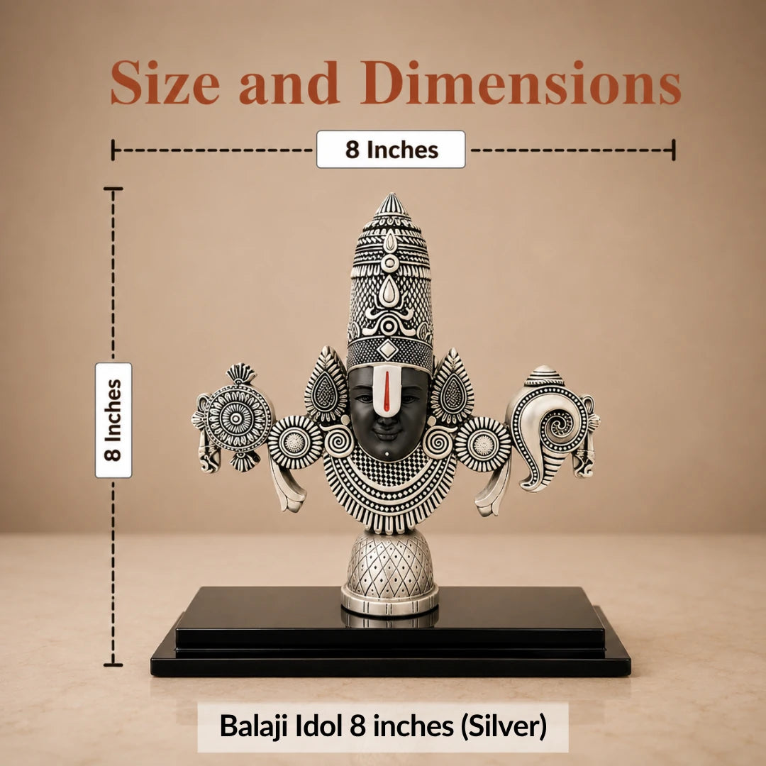 Size chart: silver Balaji idol measuring 8 inches wide and 8 inches tall on its black base #silver-8-inch