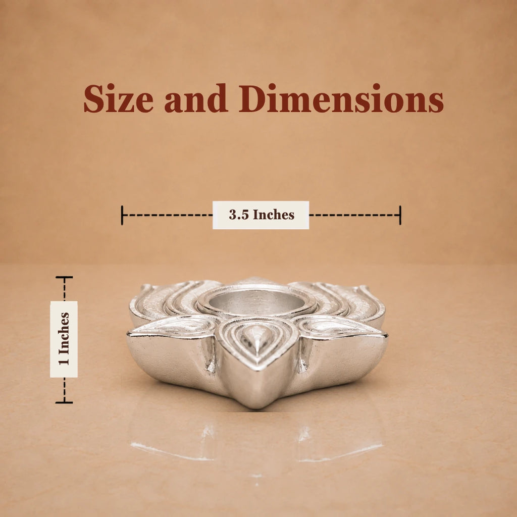Size chart: silver-plated lotus diya measuring 3.5 inches wide and 1 inch tall #2