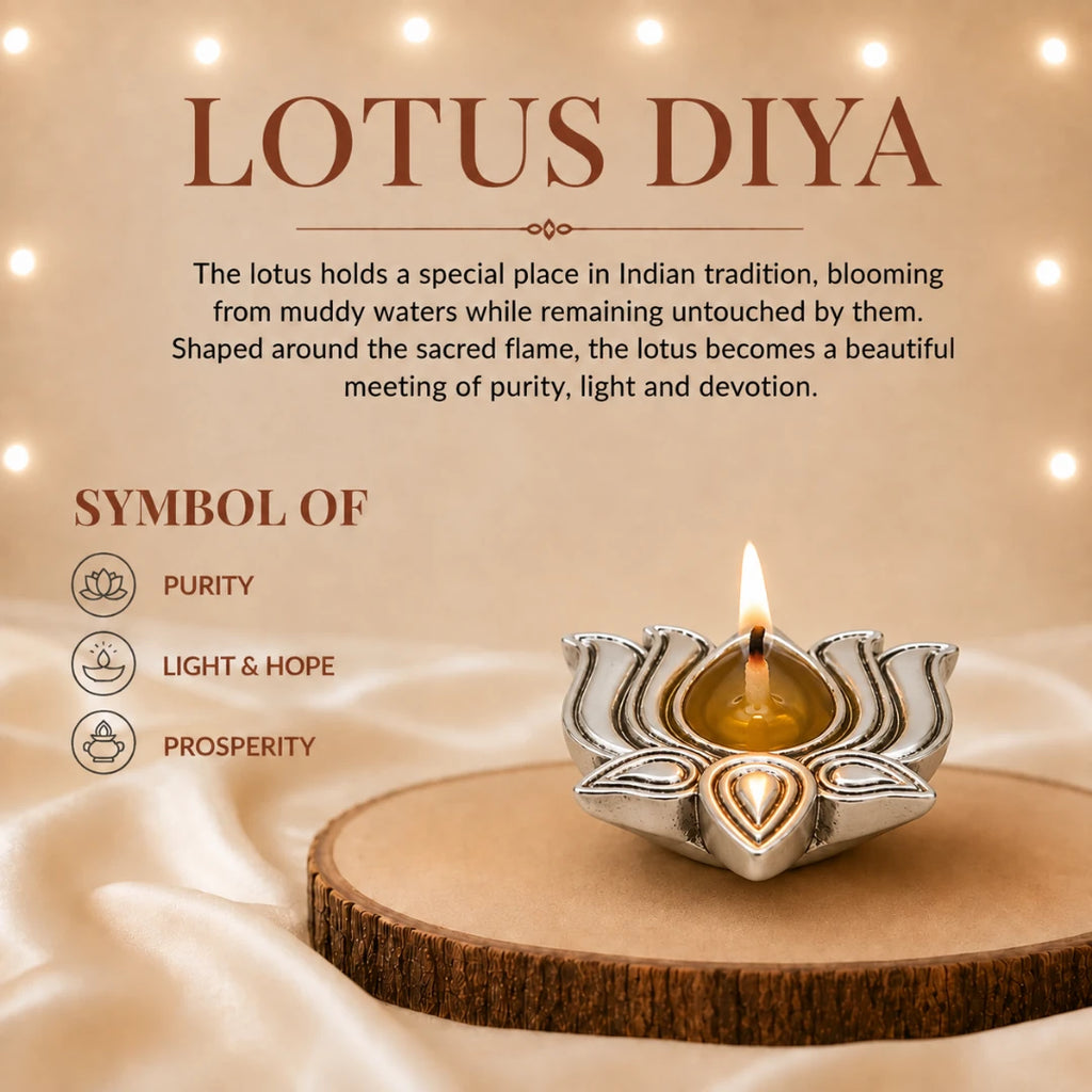 Lit silver lotus diya on a wooden slice, marked as a symbol of purity, light and hope, and prosperity #2