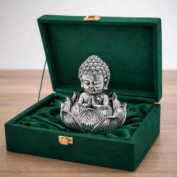 Baby Buddha silver-plated idol praying in lotus flower inside green velvet gift box