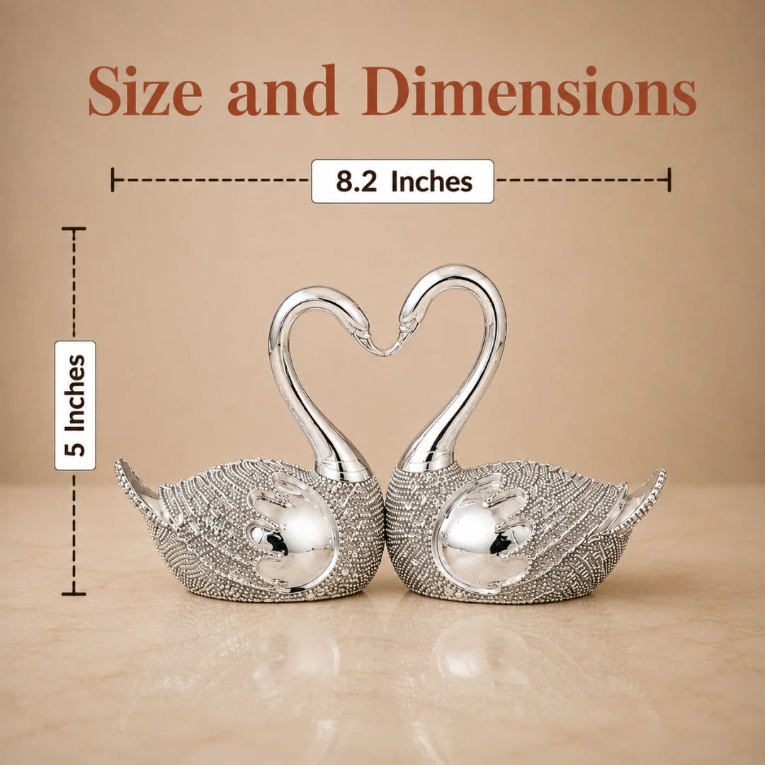 Size chart: silver swan pair measuring 8.2 inches in width and 5 inches in height #5-inch